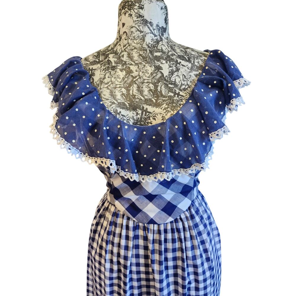 YOUNG INNOCENT ARPEJA BLUE WHITE GINGHAM GUNNE GRANNIE PRAIRIE VINTAGE DRESS S